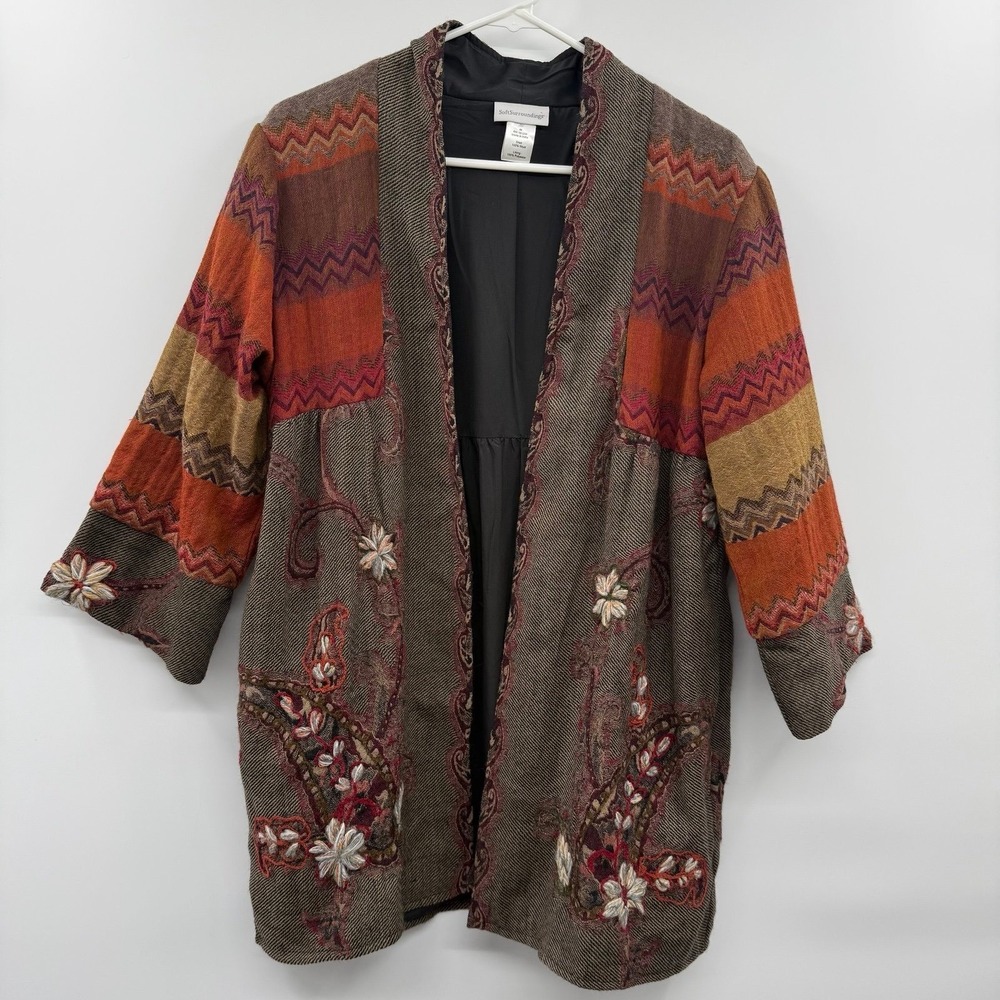 Soft Surroundings Boho Embroidered Wool Kimono / Open-Front Duster medium